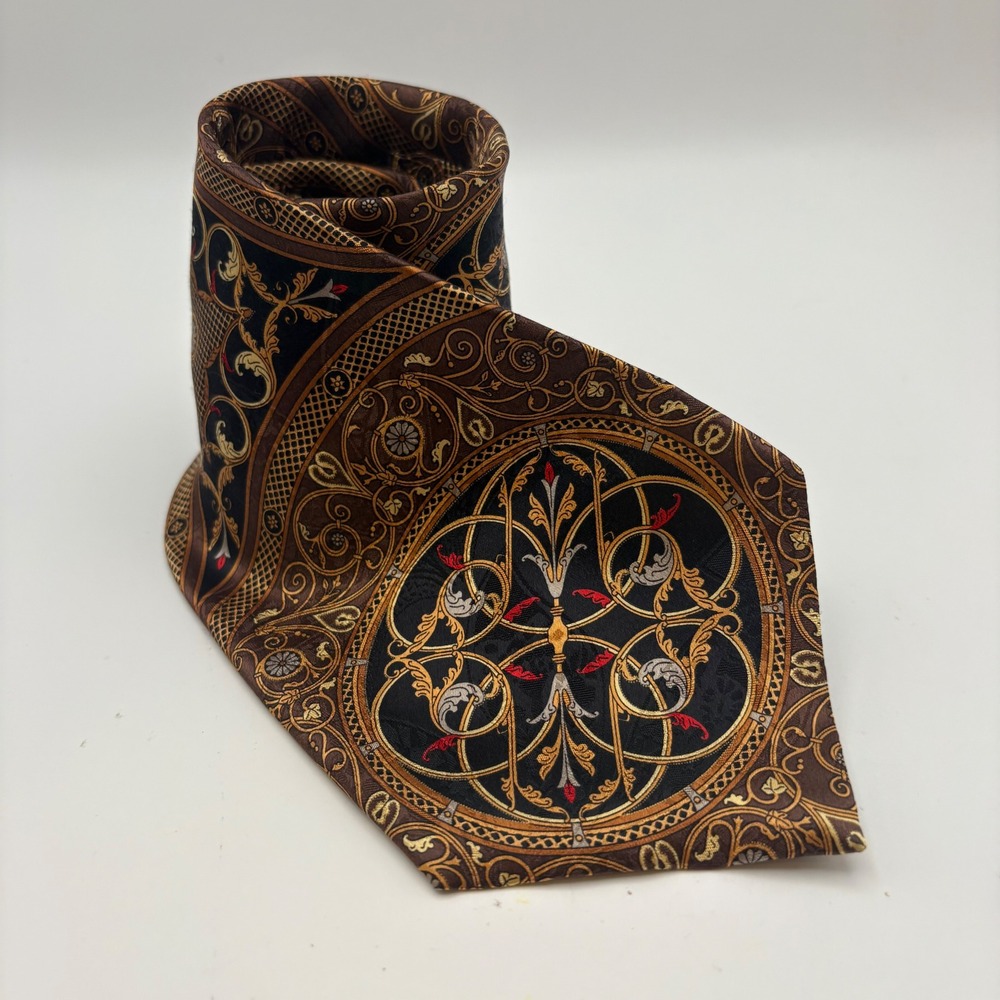 Stefano Ricci Tie Brown Gold Silk Vtg Dark Academia Baroque Medallion 4.25 Italy